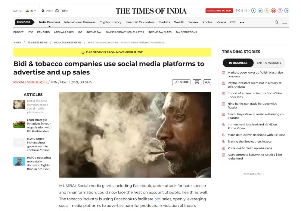 Bidi & tobacco companies use social media platforms to advertise and up sales