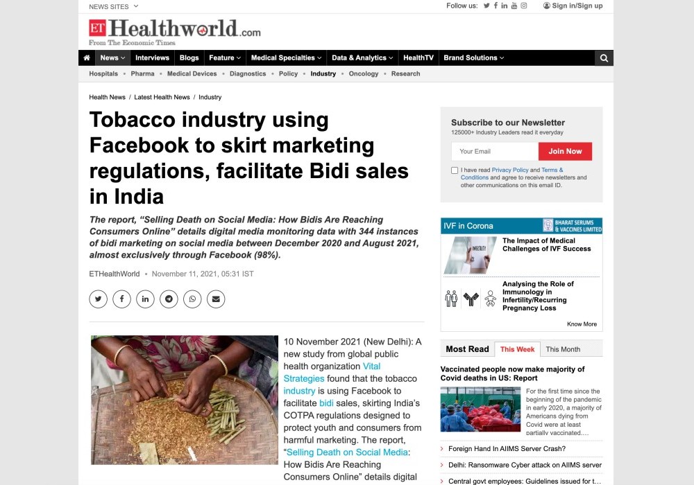 Tobacco industry using Facebook to skirt marketing regulations, facilitate Bidi sales in India