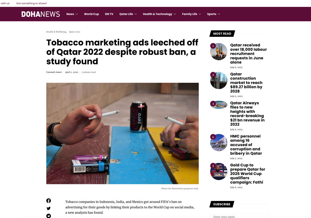 Tobacco marketing ads leeched off of Qatar 2022 despite robust ban, a study found