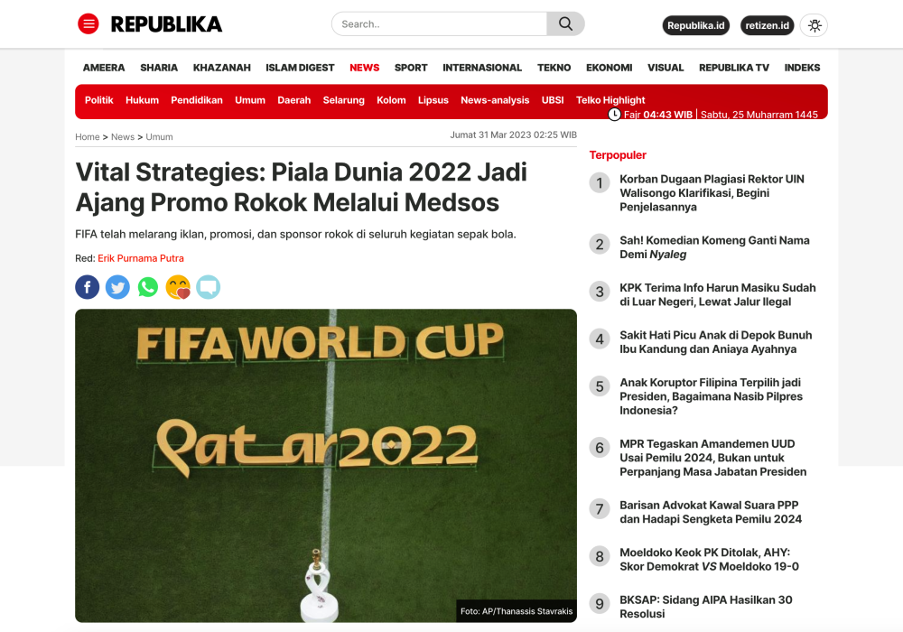 Vital Strategies: Piala Dunia 2022 Jadi Ajang Promo Rokok Melalui Medsos