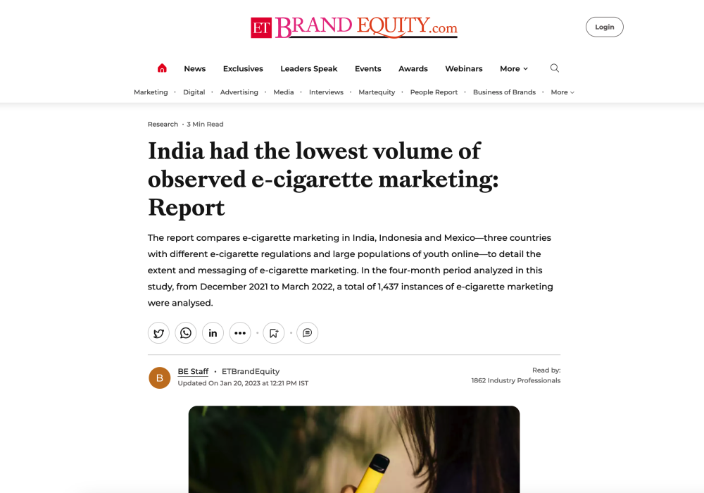 India had the lowest volume of observed e-cigarette marketing: Report
